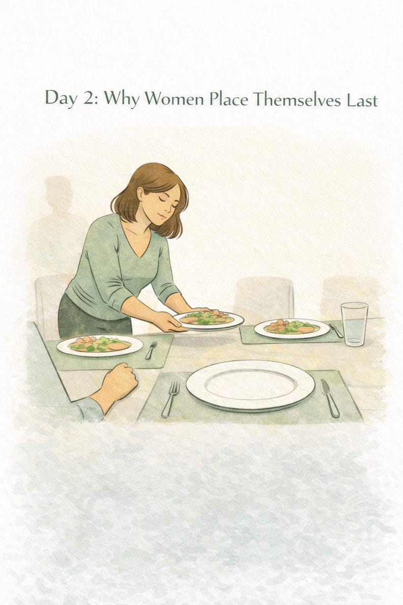 May include: A digital illustration titled Day 2: Why Women Place Themselves Last, depicting a person in a green shirt setting plates of food on a dining table. The table is set with placemats, forks, knives, and a glass of water for multiple people.