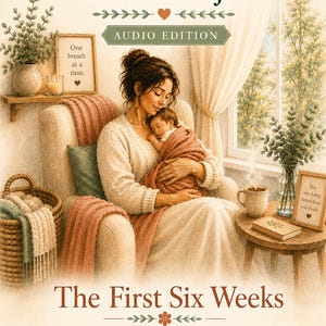 May include: The book cover for The Invisible Load Project: Audio Edition, The First Six Weeks, features an illustration of a person holding a newborn in a chair. Text includes: A Gentle Postpartum Guide for New Mums, Rest, Recovery & Real Support.