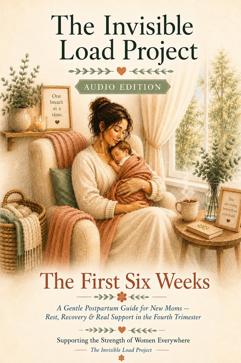 May include: The book cover for The Invisible Load Project: Audio Edition, The First Six Weeks, features an illustration of a person holding a newborn in a chair. Text includes: A Gentle Postpartum Guide for New Mums, Rest, Recovery & Real Support.