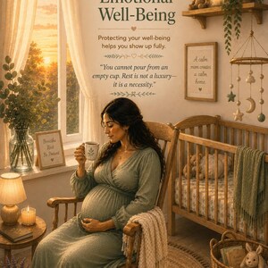 Puede incluir: Un p&oacute;ster titulado Session 5 Caring for Your Emotional Well-Being con texto sobre el bienestar. Una persona embarazada con un vestido verde salvia se sienta en una mecedora de madera con una taza. La habitaci&oacute;n incluye una cuna y decoraci&oacute;n.