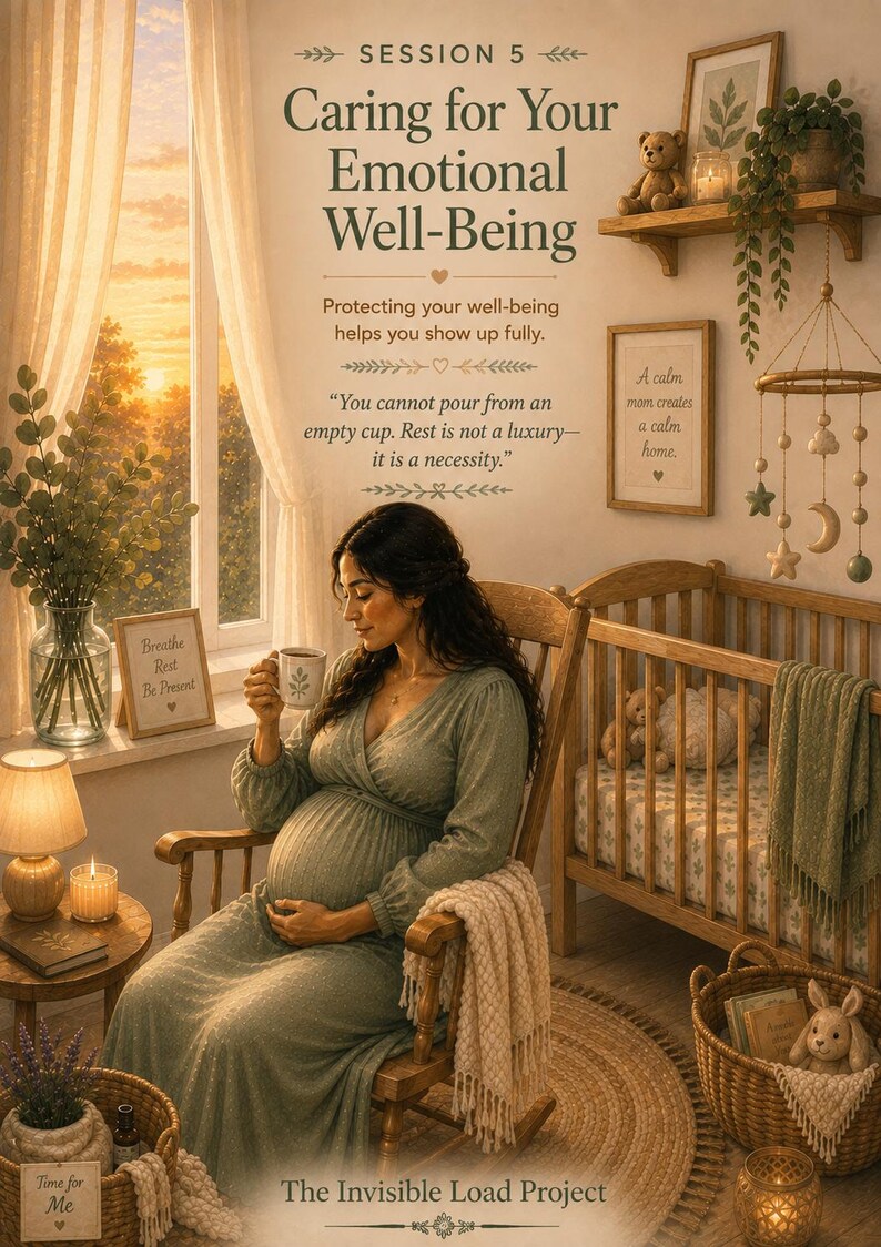 Puede incluir: Un p&oacute;ster titulado Session 5 Caring for Your Emotional Well-Being con texto sobre el bienestar. Una persona embarazada con un vestido verde salvia se sienta en una mecedora de madera con una taza. La habitaci&oacute;n incluye una cuna y decoraci&oacute;n.