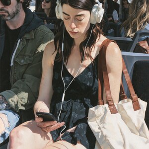 Peut inclure: Une robe noire sans manches avec un motif floral discret, un casque audio blanc avec un cordon blanc, un smartphone noir et un sac fourre-tout en toile couleur cr&egrave;me avec des lani&egrave;res en cuir marron. Le tout dans un style artistique r&eacute;aliste.