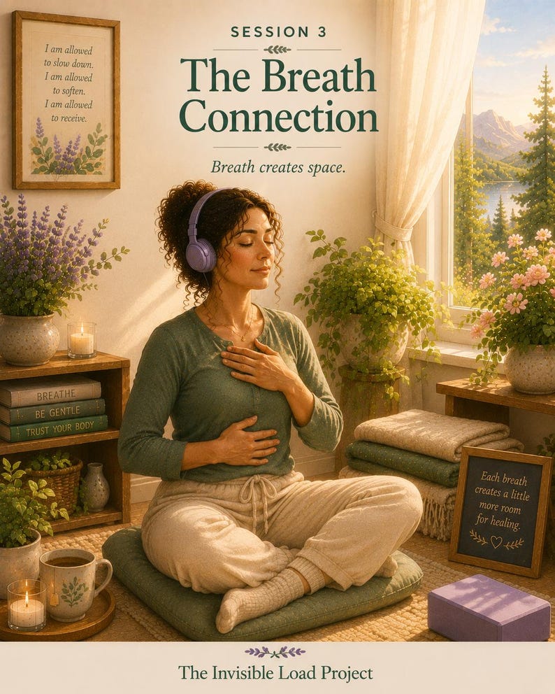 May include: A person with curly hair wearing purple headphones sits on a green cushion in a room with plants, books, and framed text that reads: Session 3 The Breath Connection, Breath creates space, Breathe, Be Gentle, Trust Your Body, and more.