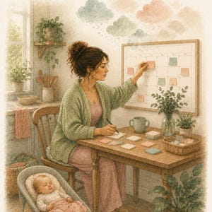 May include: A watercolor-style illustration titled Session 7 The Load, Newly Born. A person in a green cardigan sits at a wooden table writing on sticky notes, with a calendar on the wall and a sleeping infant in a bouncer seat nearby.