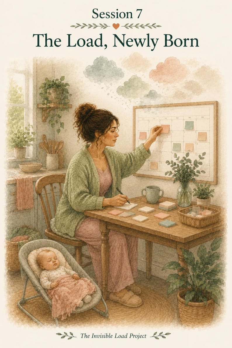 May include: A watercolor-style illustration titled Session 7 The Load, Newly Born. A person in a green cardigan sits at a wooden table writing on sticky notes, with a calendar on the wall and a sleeping infant in a bouncer seat nearby.