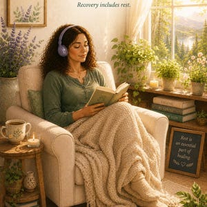 May include: A person with curly hair wearing purple headphones sits in a beige armchair, reading a book while covered by a cream-coloured knit blanket. The scene includes text reading Session 8, Rest as Recovery, and The Invisible Load Project.