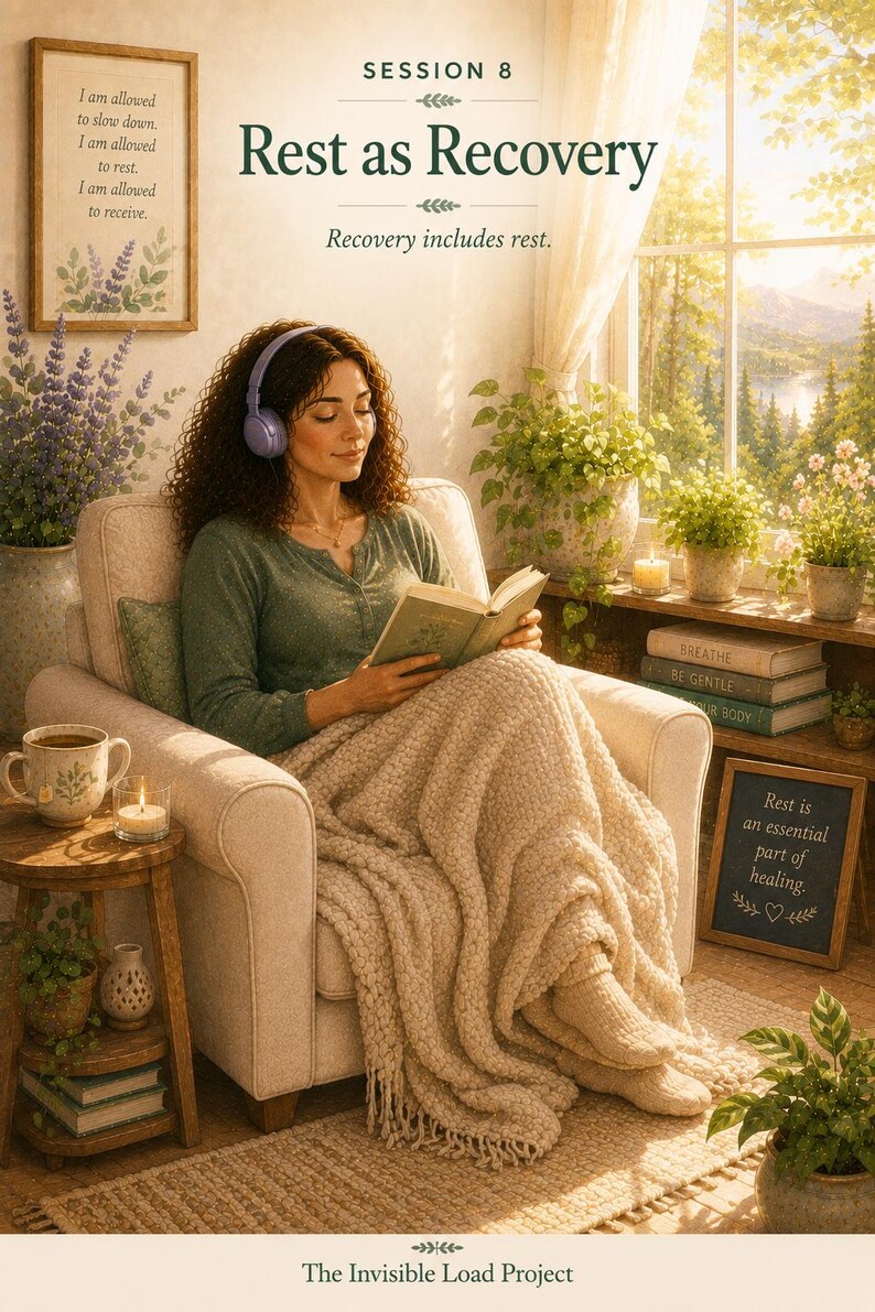 May include: A person with curly hair wearing purple headphones sits in a beige armchair, reading a book while covered by a cream-coloured knit blanket. The scene includes text reading Session 8, Rest as Recovery, and The Invisible Load Project.