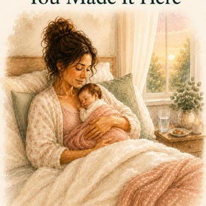 May include: A watercolor illustration titled Session 1 You Made It Here featuring a person with dark hair in a bun holding a sleeping infant wrapped in a pink blanket while sitting in bed. At the bottom is the text The Invisible Load Project.
