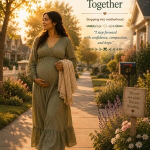 Peut inclure: Une personne enceinte v&ecirc;tue d'une robe vert sauge &agrave; manches longues marche sur un trottoir au coucher du soleil. L'image contient le texte : SESSION 10 Beginning Together, Stepping into motherhood, I step forward with confidence, compassion, and hope, et You are not alone. You are becoming. The Invisible Load Project.