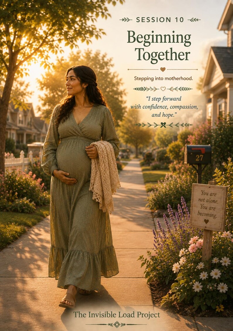 Peut inclure: Une personne enceinte v&ecirc;tue d'une robe vert sauge &agrave; manches longues marche sur un trottoir au coucher du soleil. L'image contient le texte : SESSION 10 Beginning Together, Stepping into motherhood, I step forward with confidence, compassion, and hope, et You are not alone. You are becoming. The Invisible Load Project.