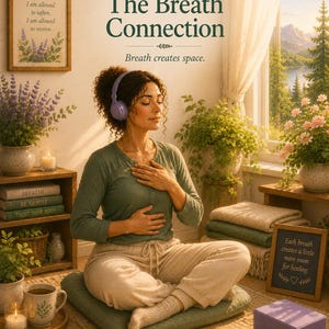 May include: A person with curly hair wearing purple headphones sits on a green cushion in a room with plants, books, and framed text that reads: Session 3 The Breath Connection, Breath creates space, Breathe, Be Gentle, Trust Your Body, and more.