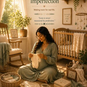 K&ouml;nnte beinhalten: Eine schwangere Person in einem salbeigr&uuml;nen Kleid h&auml;lt einen wei&szlig;en Baby-Body. Die Szene umfasst einen Holzschaukelstuhl, ein Kinderbett, Weidenk&ouml;rbe mit Babykleidung, einen B&uuml;cherstapel und eine Tasse mit der Aufschrift Grace Not Pressure. Der Text lautet Session 9 Welcoming Imperfection, Love is never measured by perfection, Good enough is still enough, Tiny Blessings, You Are So Loved, Be Kind to You, Little One, Big Journey und The Invisible Load Project.