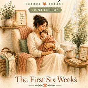 May include: A book cover titled The Invisible Load Project: The First Six Weeks. The illustration shows a person holding a baby in a chair, with text reading One breath at a time and You are doing better than you think, plus A Gentle Postpartum Guide for New Moms.