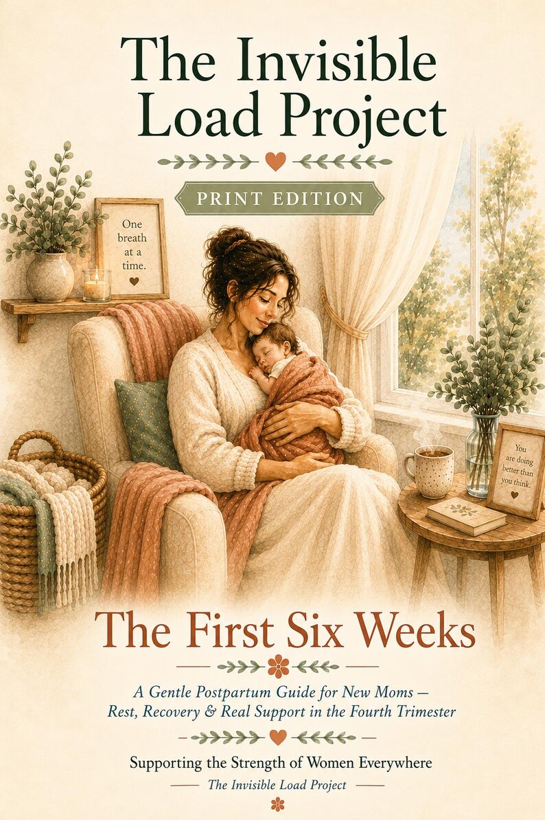 May include: A book cover titled The Invisible Load Project: The First Six Weeks. The illustration shows a person holding a baby in a chair, with text reading One breath at a time and You are doing better than you think, plus A Gentle Postpartum Guide for New Moms.