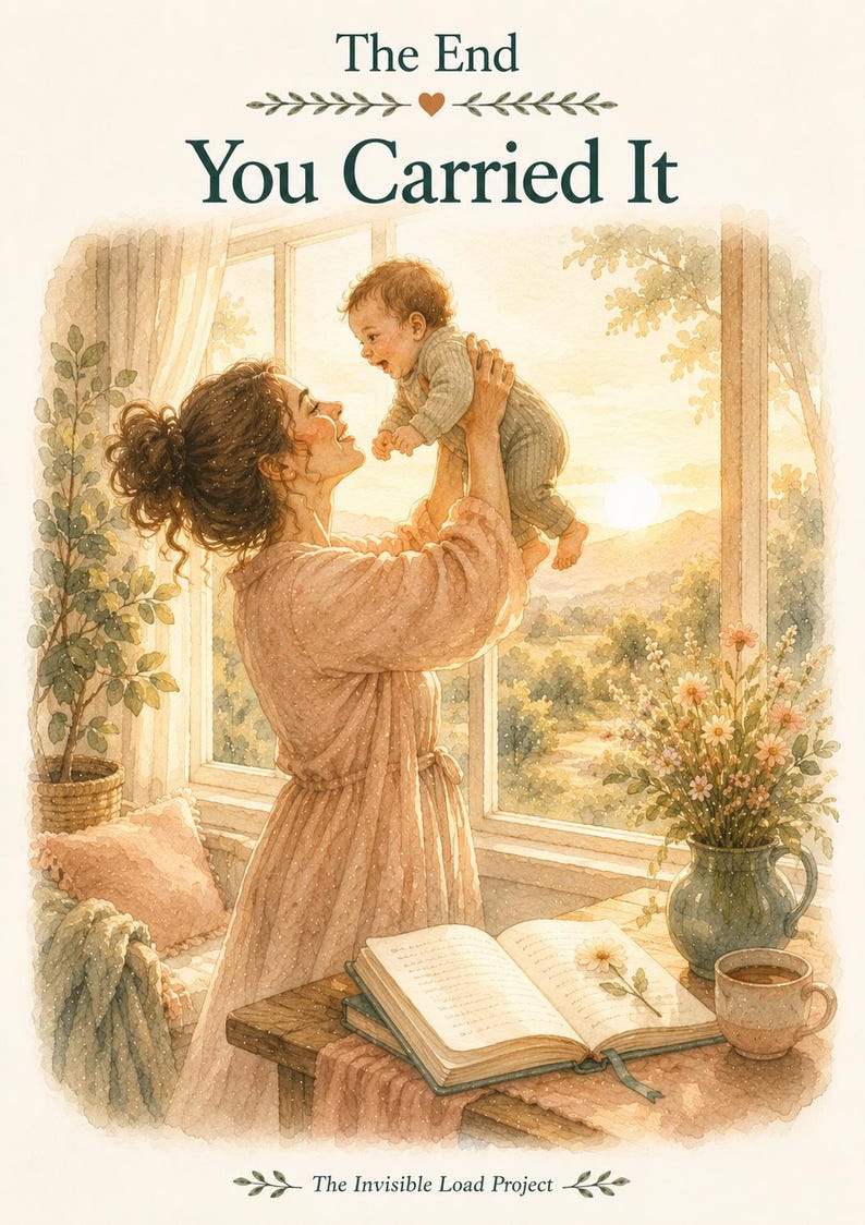 May include: A watercolor illustration featuring a person in a peach-colored robe lifting a baby in a gray outfit. The text reads The End, You Carried It, and The Invisible Load Project. An open book, a flower in a vase, and a mug sit on a table.