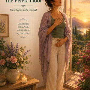 May include: A poster titled Session 6 Intimacy and the Pelvic Floor with the text Trust begins with yourself and Connection begins with feeling safe in my own body. It features a person in a lavender shawl, green tank top, and beige pants.