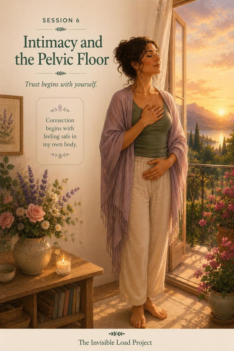 May include: A poster titled Session 6 Intimacy and the Pelvic Floor with the text Trust begins with yourself and Connection begins with feeling safe in my own body. It features a person in a lavender shawl, green tank top, and beige pants.