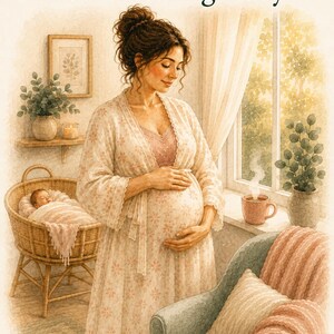 May include: A watercolor-style illustration titled Session 2 Your Healing Body. It depicts a pregnant person in a floral robe standing near a window, a wicker bassinet with a sleeping infant, a chair with a throw blanket, and The Invisible Load Project.