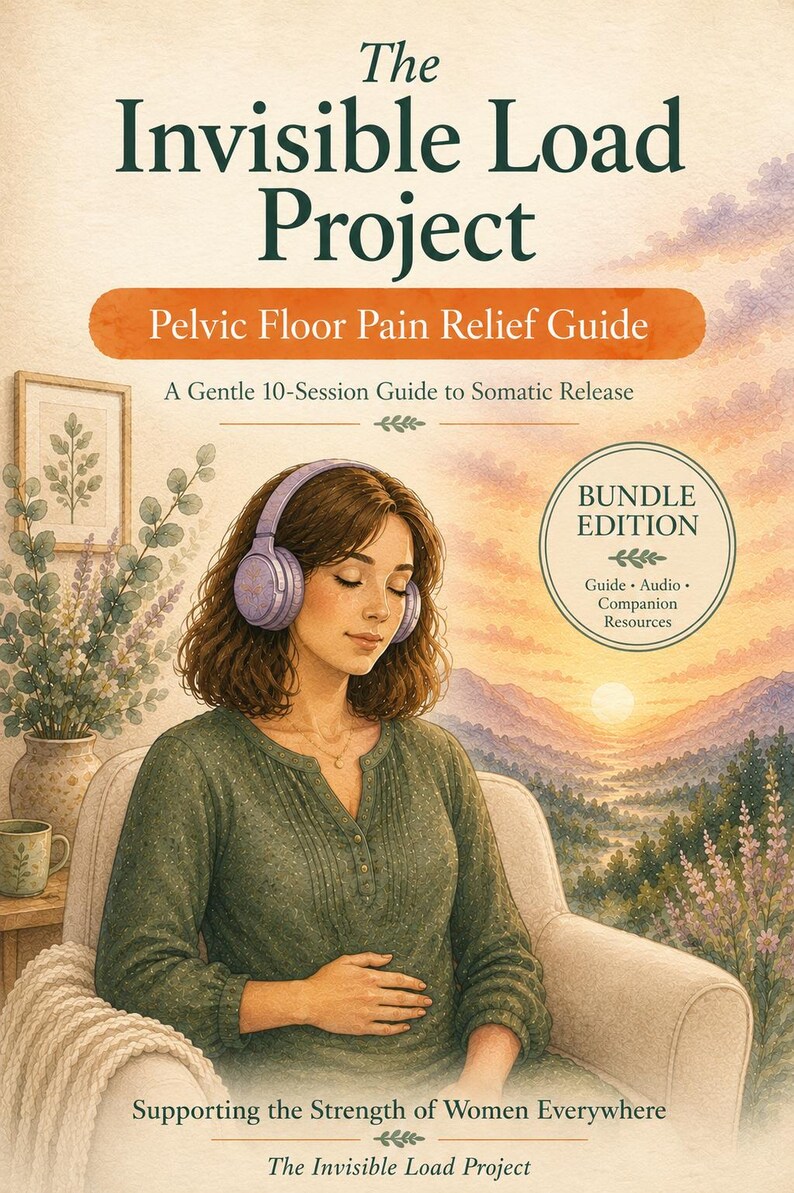 May include: The Invisible Load Project Pelvic Floor Pain Relief Guide book cover features an illustration of a person wearing purple headphones, sitting in a chair. Text includes A Gentle 10-Session Guide to Somatic Release, BUNDLE EDITION, and Supporting the Strength of Women Everywhere.