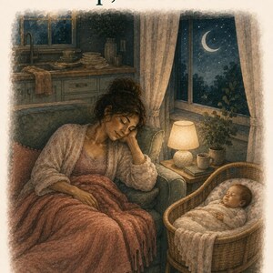 May include: An illustration titled Session 4 Sleep, in Pieces by The Invisible Load Project. A person sleeps on a sofa under a pink blanket next to a wicker bassinet containing a sleeping infant. A lamp illuminates the room at night.