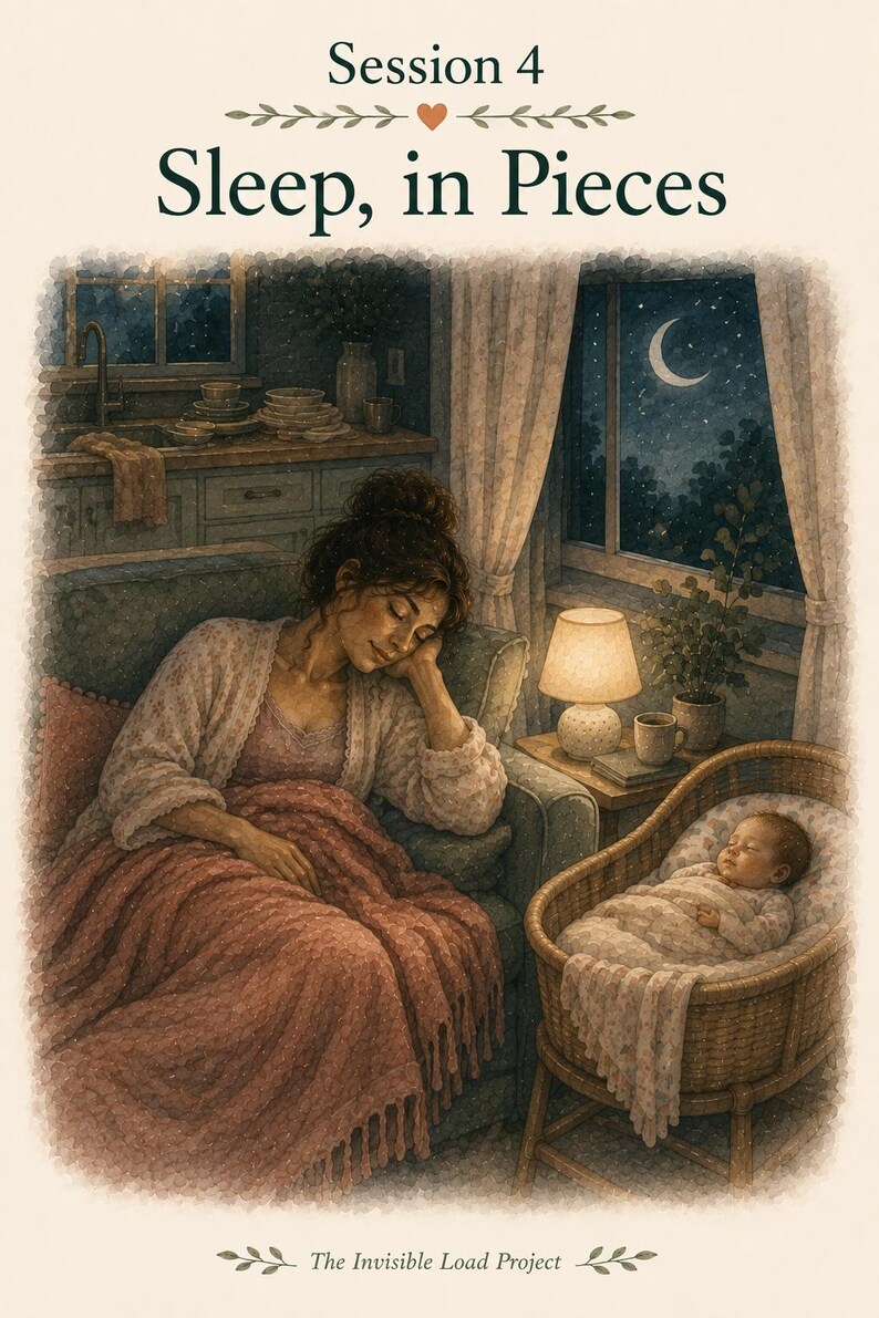 May include: An illustration titled Session 4 Sleep, in Pieces by The Invisible Load Project. A person sleeps on a sofa under a pink blanket next to a wicker bassinet containing a sleeping infant. A lamp illuminates the room at night.