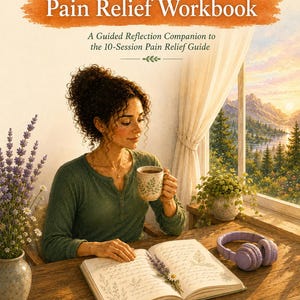 May include: A book titled The Invisible Load Project Pelvic Floor Pain Relief Workbook, A Guided Reflection Companion to the 10-Session Pain Relief Guide, featuring an illustration of a person with curly hair holding a mug at a wooden desk.