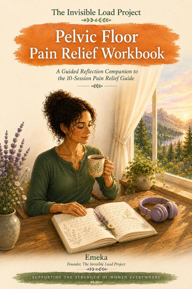 May include: A book titled The Invisible Load Project Pelvic Floor Pain Relief Workbook, A Guided Reflection Companion to the 10-Session Pain Relief Guide, featuring an illustration of a person with curly hair holding a mug at a wooden desk.