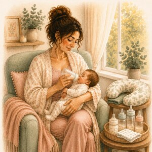 May include: An illustration titled Session 3 Fed Is the Goal by The Invisible Load Project. A person in a pink outfit sits in a green armchair, bottle-feeding an infant. A wooden side table holds four baby bottles, a nursing pillow, and a basket.