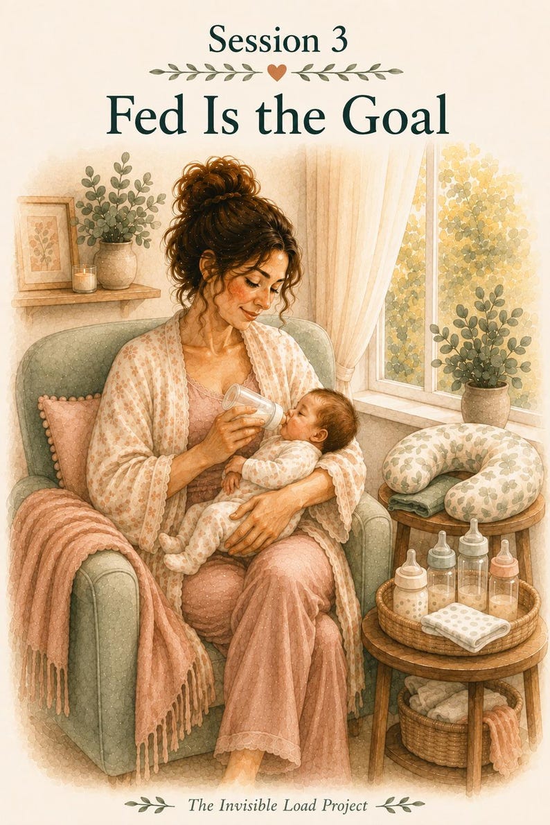 May include: An illustration titled Session 3 Fed Is the Goal by The Invisible Load Project. A person in a pink outfit sits in a green armchair, bottle-feeding an infant. A wooden side table holds four baby bottles, a nursing pillow, and a basket.