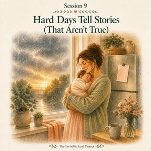 Peut inclure: Une illustration num&eacute;rique intitul&eacute;e Session 9 Hard Days Tell Stories (That Aren't True) montrant une personne tenant un nourrisson endormi pr&egrave;s d'une fen&ecirc;tre sous la pluie. On y voit un r&eacute;frig&eacute;rateur, des plantes en pot et une tasse.