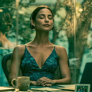 May include: A person wearing a dark teal floral print sleeveless dress with a V-neckline and black over-ear headphones. The person is seated at a desk with a ceramic mug, papers, a pen, and a small framed photograph visible on the surface.