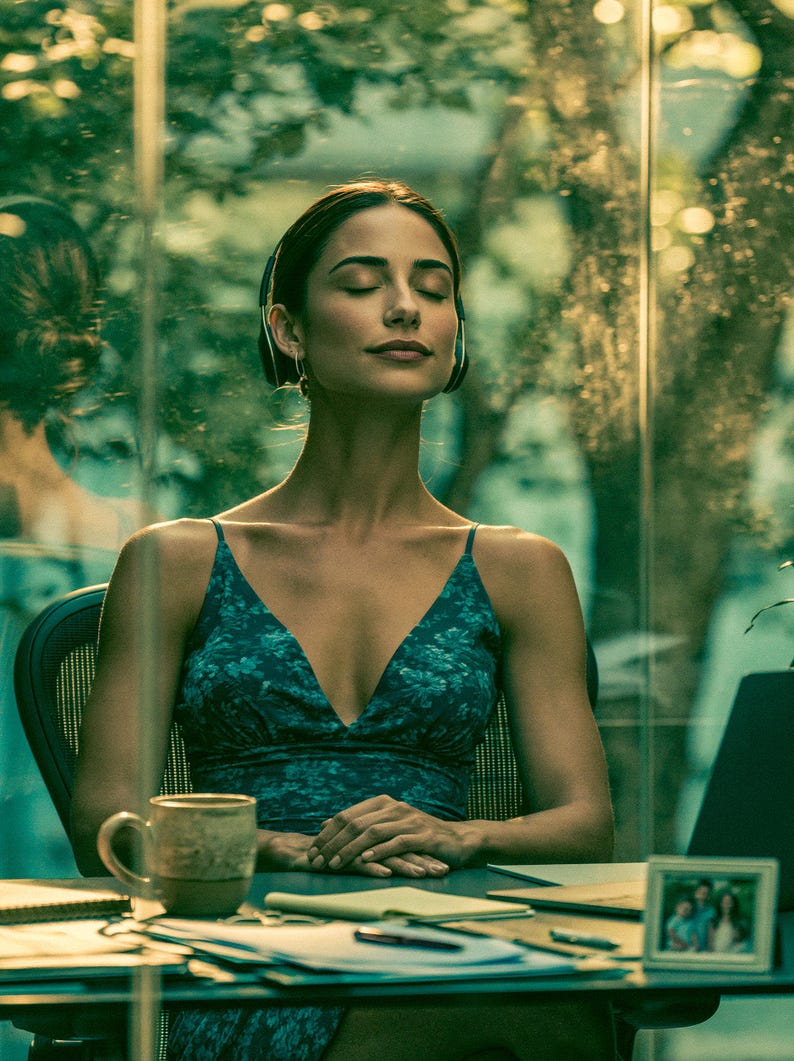 May include: A person wearing a dark teal floral print sleeveless dress with a V-neckline and black over-ear headphones. The person is seated at a desk with a ceramic mug, papers, a pen, and a small framed photograph visible on the surface.