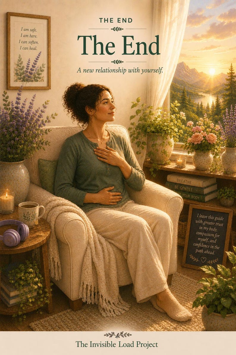 May include: A poster titled The End: A new relationship with yourself, featuring a person in a cream armchair. Text includes: I am safe. I am here. I can soften. I can heal. Books labeled BREATHE, BE GENTLE, YOUR BODY, and The Invisible Load Project.