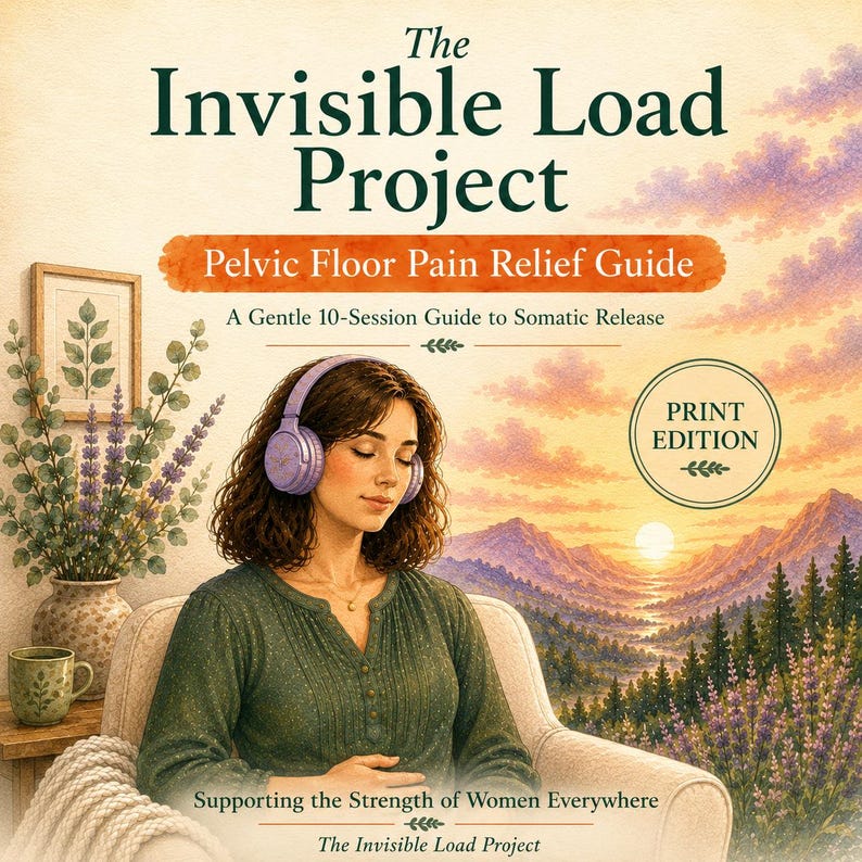 May include: A book cover titled The Invisible Load Project: Pelvic Floor Pain Relief Guide, A Gentle 10-Session Guide to Somatic Release. It features an illustration of a person with brown hair wearing purple headphones, sitting in a chair.