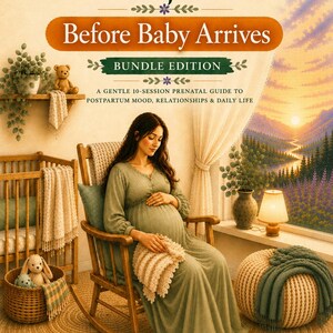 K&ouml;nnte beinhalten: Ein Buchcover mit dem Titel The Invisible Load Project Before Baby Arrives Bundle Edition. Es zeigt eine schwangere Person in einem gr&uuml;nen Kleid in einem h&ouml;lzernen Schaukelstuhl, neben einem Kinderbett, einem Korb mit Stofftier und einer Sonnenuntergangslandschaft.