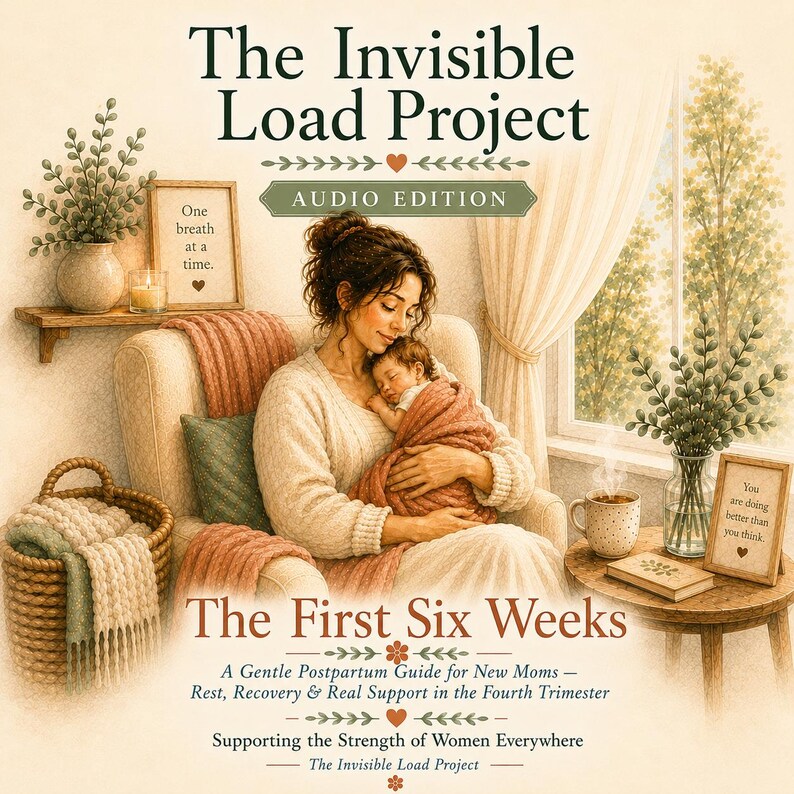May include: The Invisible Load Project Audio Edition The First Six Weeks A Gentle Postpartum Guide for New Mums Rest, Recovery & Real Support in the Fourth Trimester Supporting the Strength of Women Everywhere. An illustration of a person holding a baby.