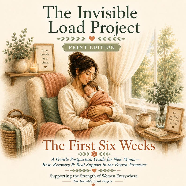 May include: A book cover titled The Invisible Load Project: The First Six Weeks. The illustration shows a person holding a newborn baby in a cozy chair. Text includes A Gentle Postpartum Guide for New Moms&mdash;Rest, Recovery & Real Support.