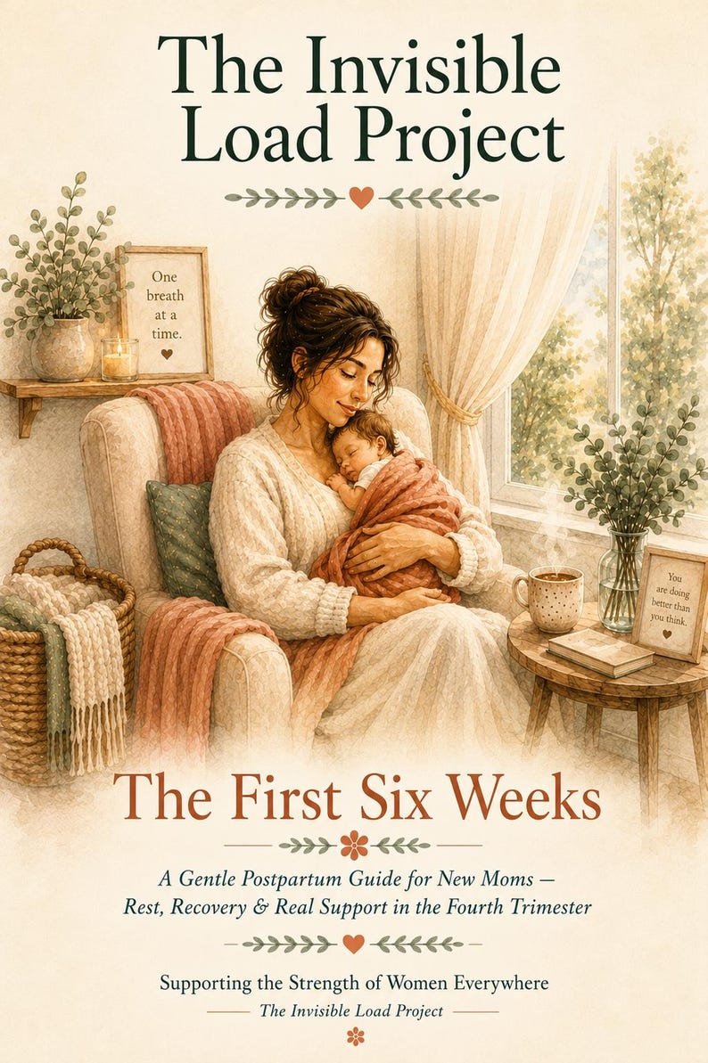 Peut inclure: Une couverture de livre intitul&eacute;e The Invisible Load Project: The First Six Weeks. L'illustration montre une personne tenant un nouveau-n&eacute; dans un fauteuil, entour&eacute;e d'une pi&egrave;ce chaleureuse avec des plantes, une tasse et des cadres portant les inscriptions One breath at a time et You are doing better than you think.