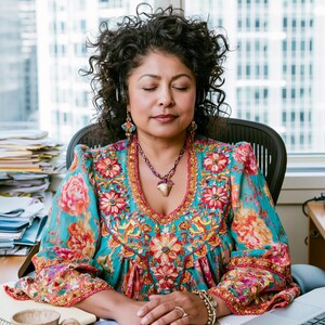 May include: A teal blouse with a vibrant floral pattern in shades of orange, pink, and yellow, featuring intricate embroidery along the neckline and sleeves. The garment has long, loose sleeves and a V-neckline, paired with a beaded necklace and earrings.