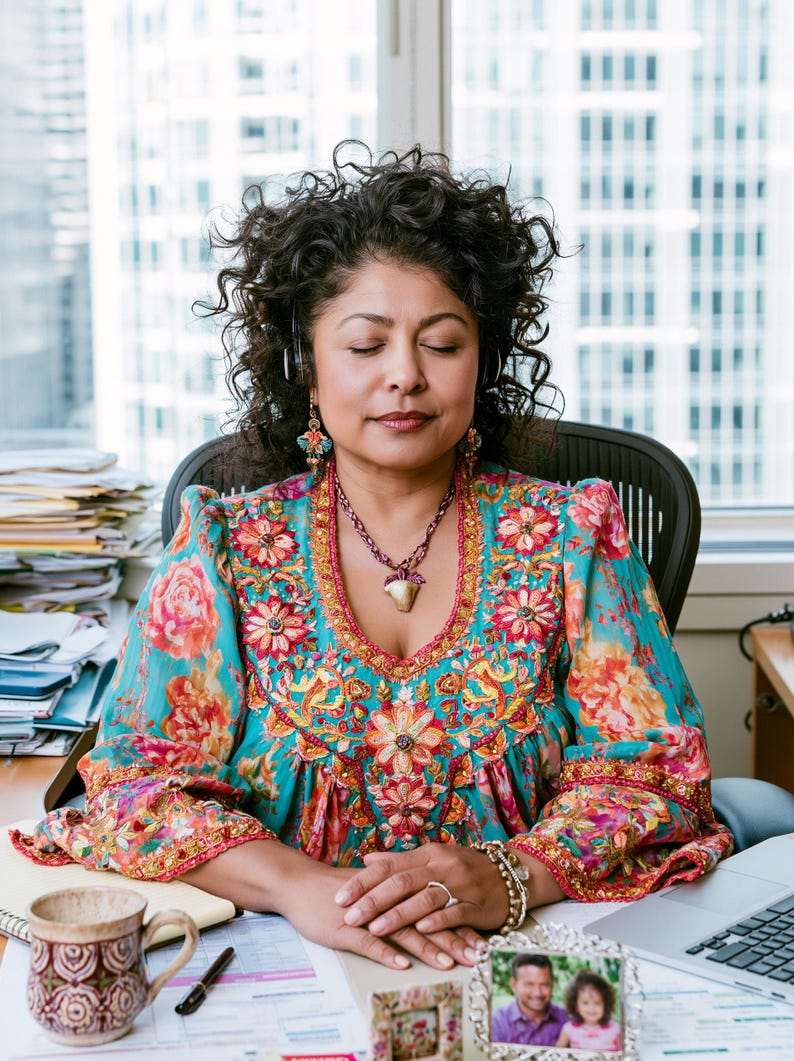 May include: A teal blouse with a vibrant floral pattern in shades of orange, pink, and yellow, featuring intricate embroidery along the neckline and sleeves. The garment has long, loose sleeves and a V-neckline, paired with a beaded necklace and earrings.