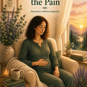 May include: A digital illustration titled Session 1 Recognize the Pain Awareness without judgment. A person with curly hair sits in a chair wearing a dark green long-sleeved top and trousers, with a hand on their stomach. Text reads The Invisible Load Project.