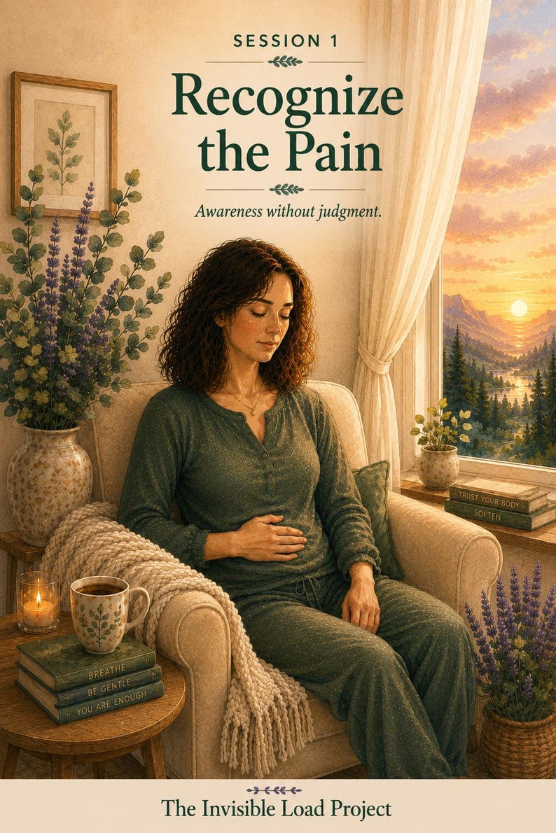 May include: A digital illustration titled Session 1 Recognize the Pain Awareness without judgment. A person with curly hair sits in a chair wearing a dark green long-sleeved top and trousers, with a hand on their stomach. Text reads The Invisible Load Project.