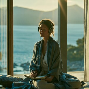 May include: A pair of over-ear headphones with a thin cord connected to a device, worn by an individual dressed in a loose-fitting, textured blue-grey robe over a white top, while writing in a small notebook with a pen in a sunlit room.