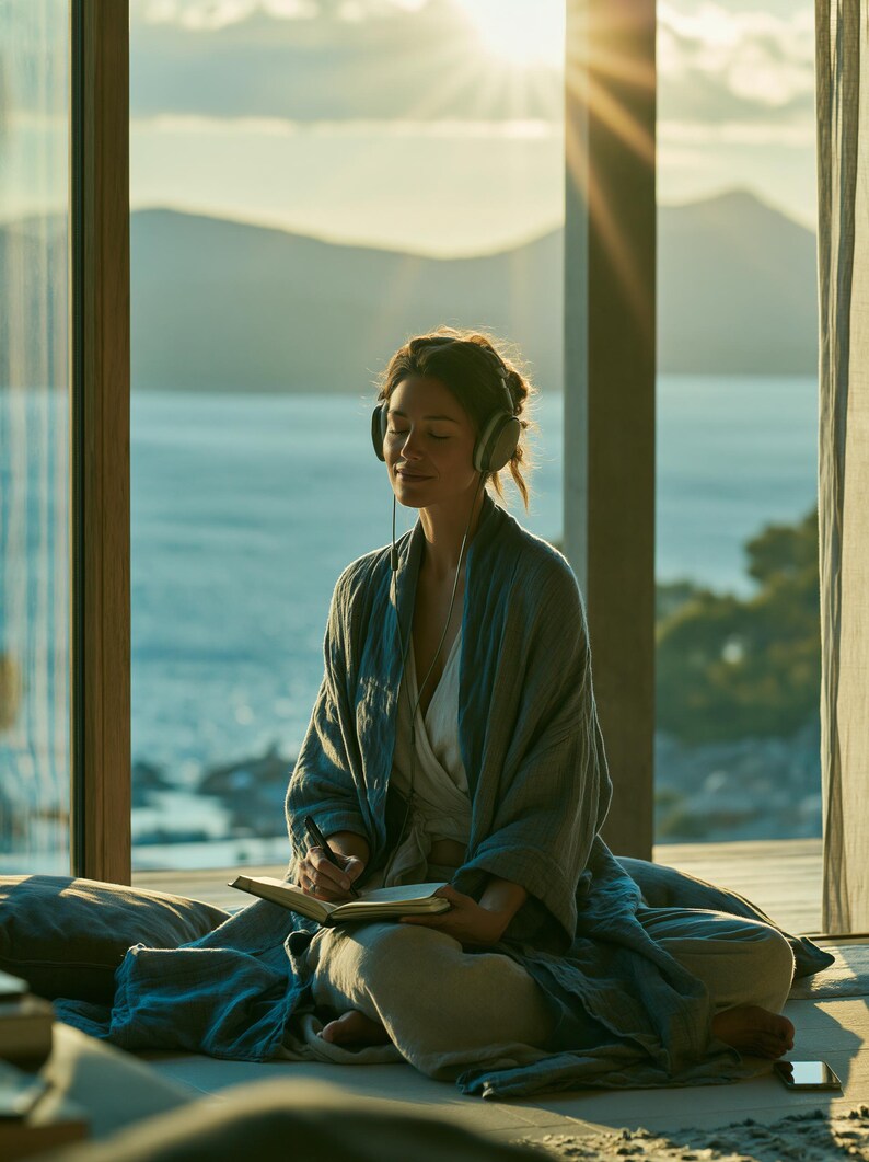 May include: A pair of over-ear headphones with a thin cord connected to a device, worn by an individual dressed in a loose-fitting, textured blue-grey robe over a white top, while writing in a small notebook with a pen in a sunlit room.