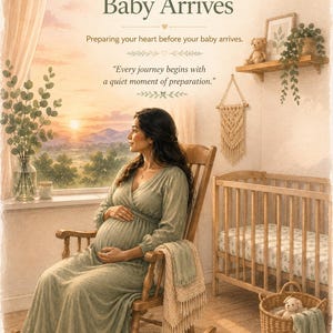 Peut inclure: Une illustration num&eacute;rique intitul&eacute;e Session 1 Beginning Before Baby Arrives, montrant une personne enceinte en robe vert sauge assise dans un fauteuil &agrave; bascule en bois. La sc&egrave;ne inclut un berceau, une suspension en macram&eacute; et un paysage au coucher du soleil.