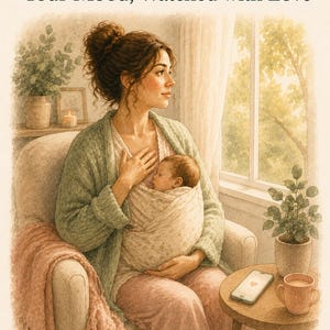 May include: An illustration titled Session 5 Your Mood, Watched with Love featuring a person in a green cardigan holding a baby in a wrap. A smartphone with a heart icon and a mug sit on a side table. The text The Invisible Load Project is at the bottom.