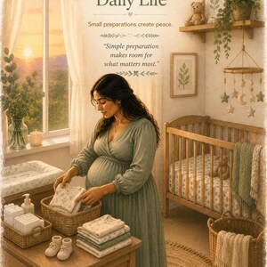K&ouml;nnte beinhalten: Ein Plakat mit dem Titel Session 4 Preparing for Daily Life zeigt eine schwangere Person in einem gr&uuml;nen Kleid, die Babykleidung in einem Kinderzimmer ordnet. Der Text lautet Small preparations create peace und Simple preparation makes room for what matters most.