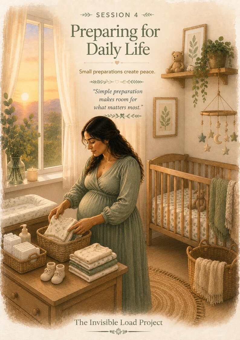 K&ouml;nnte beinhalten: Ein Plakat mit dem Titel Session 4 Preparing for Daily Life zeigt eine schwangere Person in einem gr&uuml;nen Kleid, die Babykleidung in einem Kinderzimmer ordnet. Der Text lautet Small preparations create peace und Simple preparation makes room for what matters most.