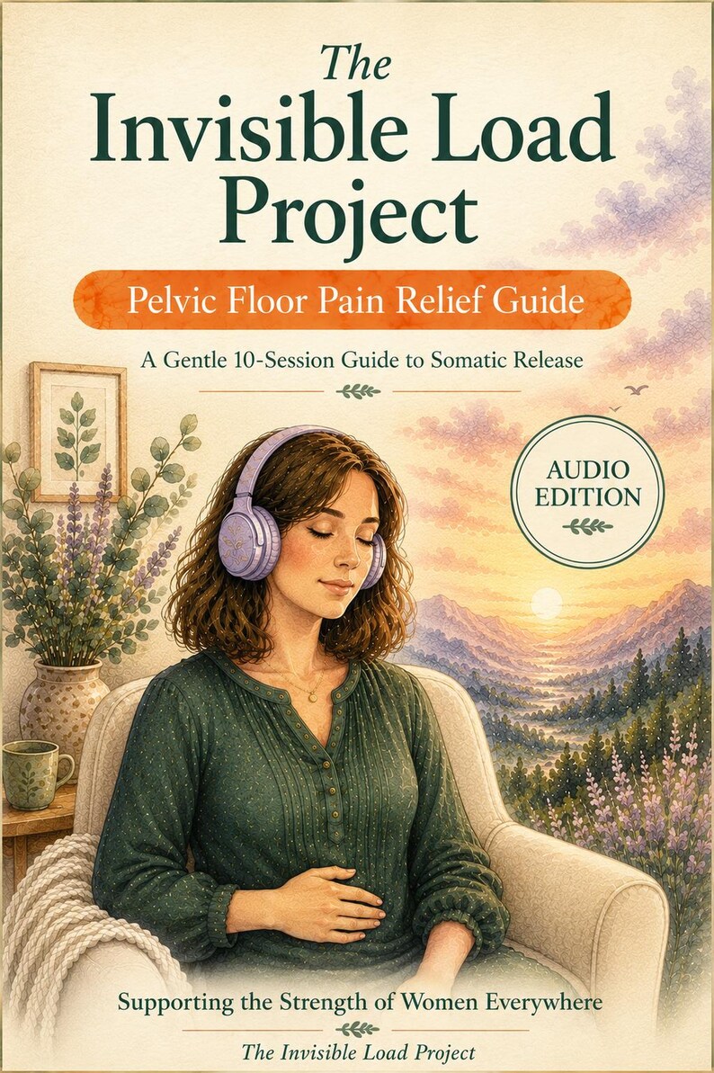 May include: A book cover titled The Invisible Load Project: Pelvic Floor Pain Relief Guide, A Gentle 10-Session Guide to Somatic Release. It features an illustration of a person wearing purple headphones, sitting in a chair, with a mountain landscape.