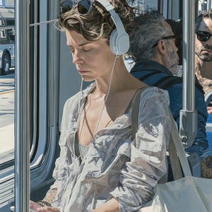 May include: A person with curly brown hair in a messy bun wears white over-ear headphones and dark sunglasses on their head. They are dressed in a light gray, semi-sheer button-down shirt over a dark top, carrying a large white canvas tote bag.